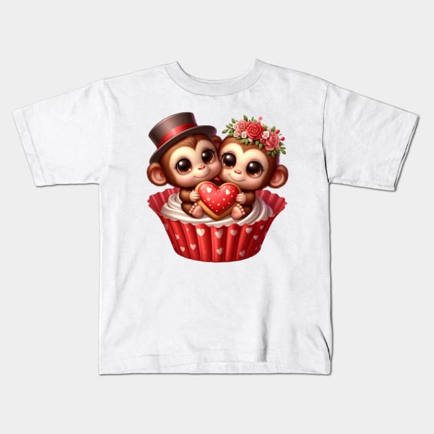 Valentine Monkey Couple In A Cupcake Kids T-Shirt by Chromatic Fusion Studio